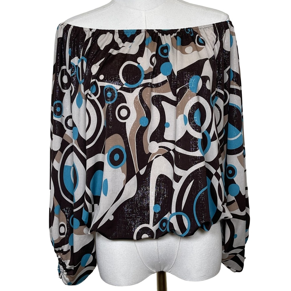 Vintage Emma Rose Off Shoulder Blouse M Brown Blue Geometric Mod Psychedelic Y2K
